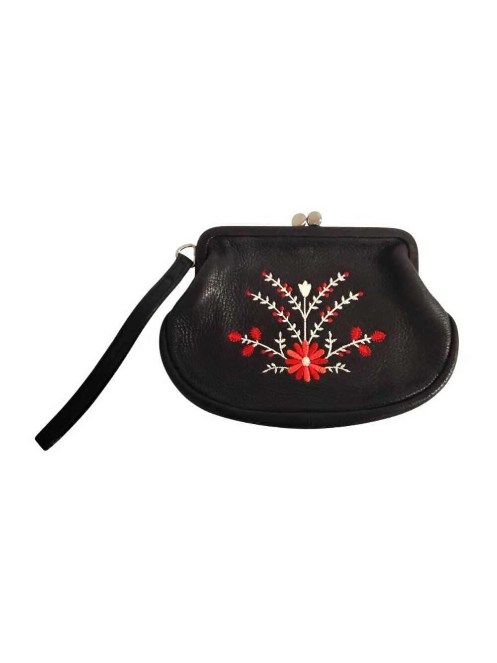Womens Black Leather Flower Embroidery Change Purse Wristlet